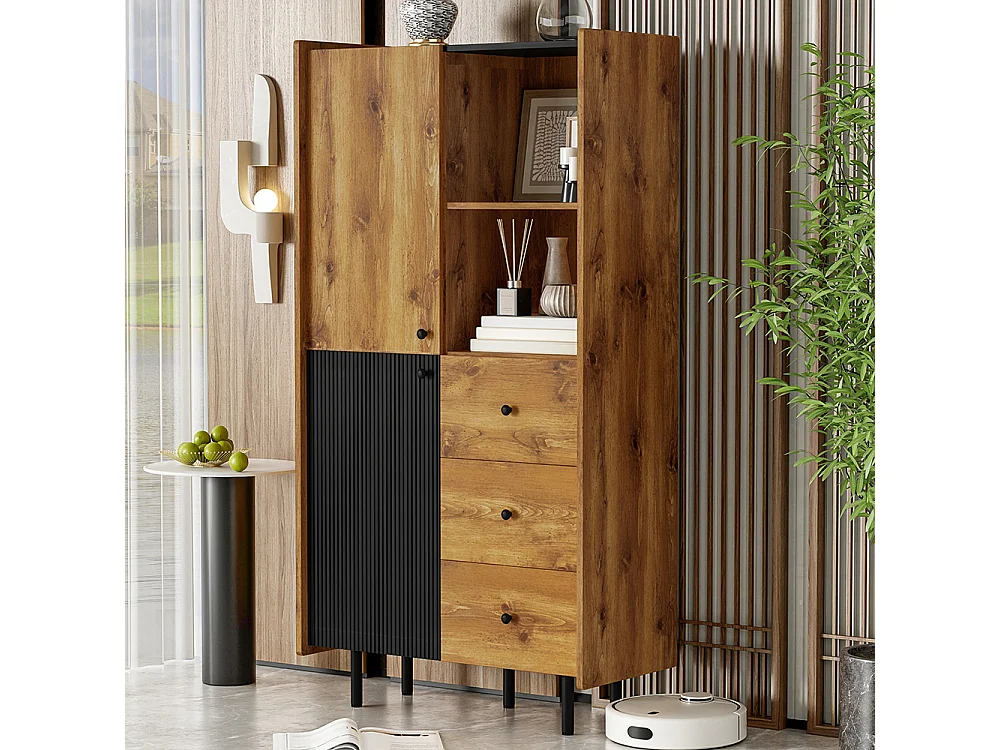Buffet de haut buffet moderne avec deux portes trois tiroirs et des étagères ouvertes Noir+Bois