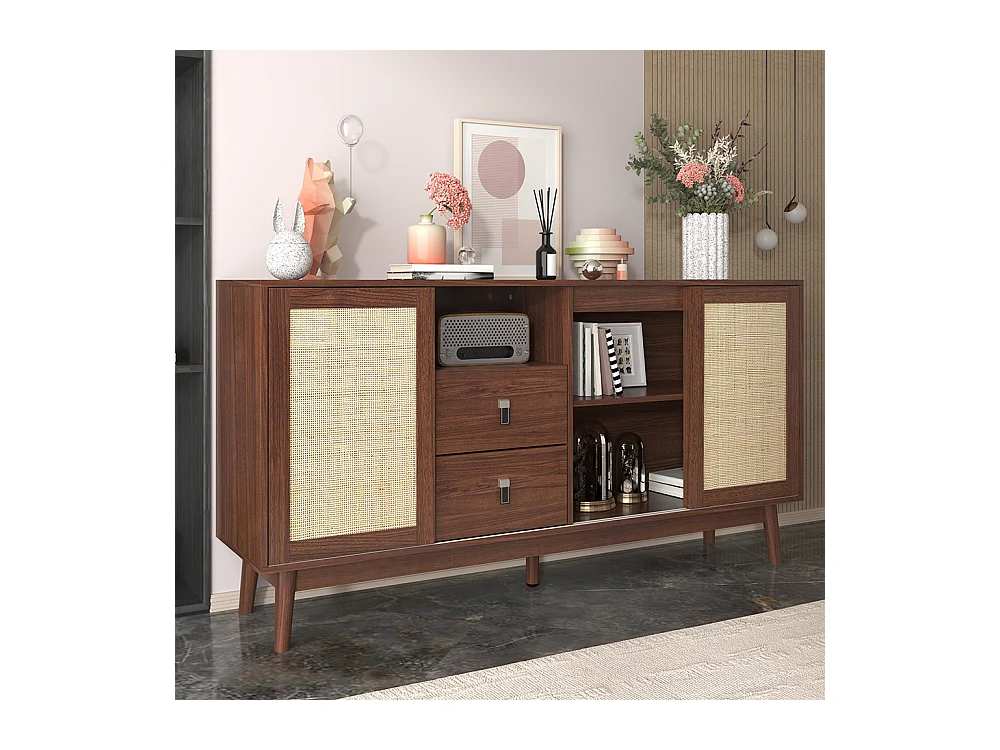 Buffet avec 3 portes coulissantes en rotin véritable et 2 tiroirs respirant stable Bois