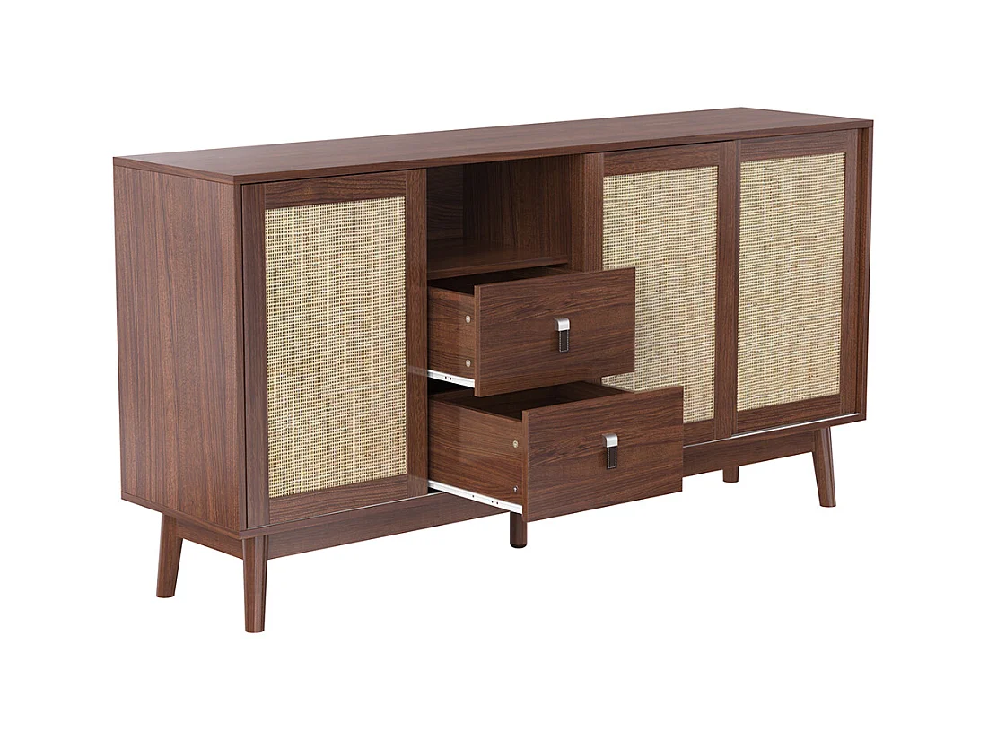 Buffet avec 3 portes coulissantes en rotin véritable et 2 tiroirs respirant stable Bois