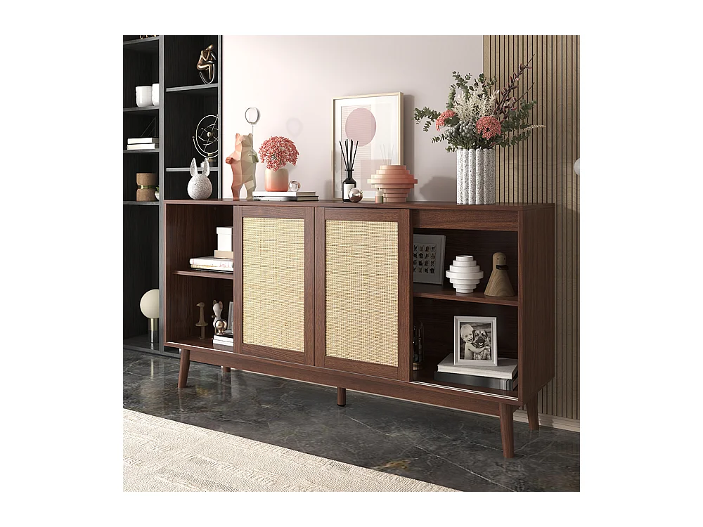 Buffet avec 3 portes coulissantes en rotin véritable et 2 tiroirs respirant stable Bois