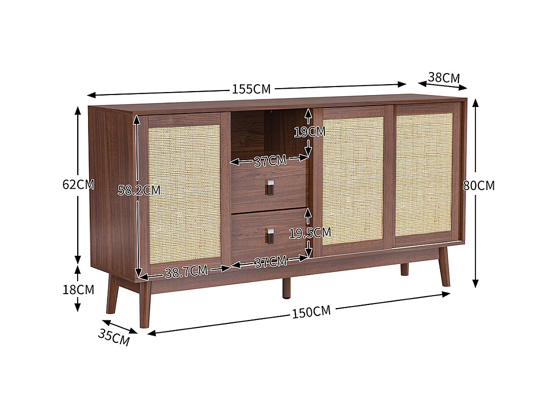Buffet avec 3 portes coulissantes en rotin véritable et 2 tiroirs respirant stable Bois