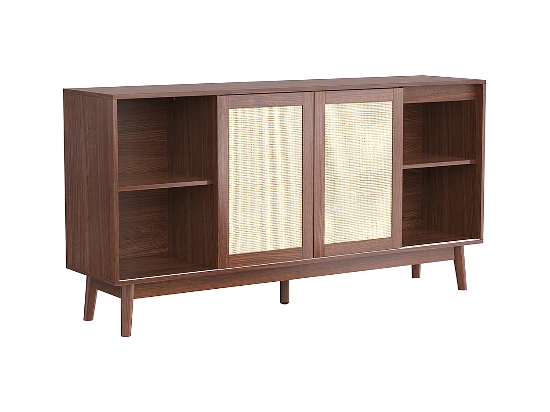 Buffet avec 3 portes coulissantes en rotin véritable et 2 tiroirs respirant stable Bois