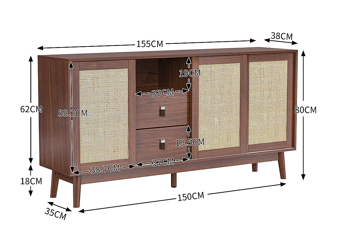 Buffet avec 3 portes coulissantes en rotin véritable et 2 tiroirs respirant stable Bois