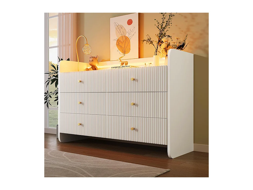 Buffet blanc armoire de rangement 6 tiroirs LED design ondulé pour salon chambre