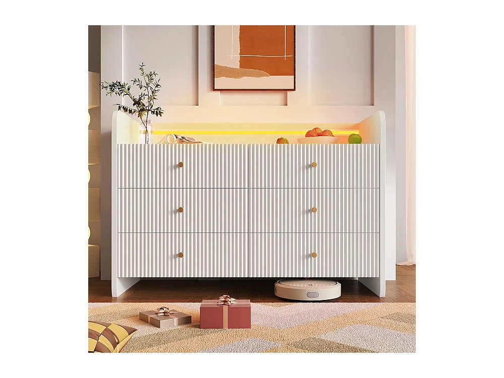 Buffet blanc armoire de rangement 6 tiroirs LED design ondulé pour salon chambre