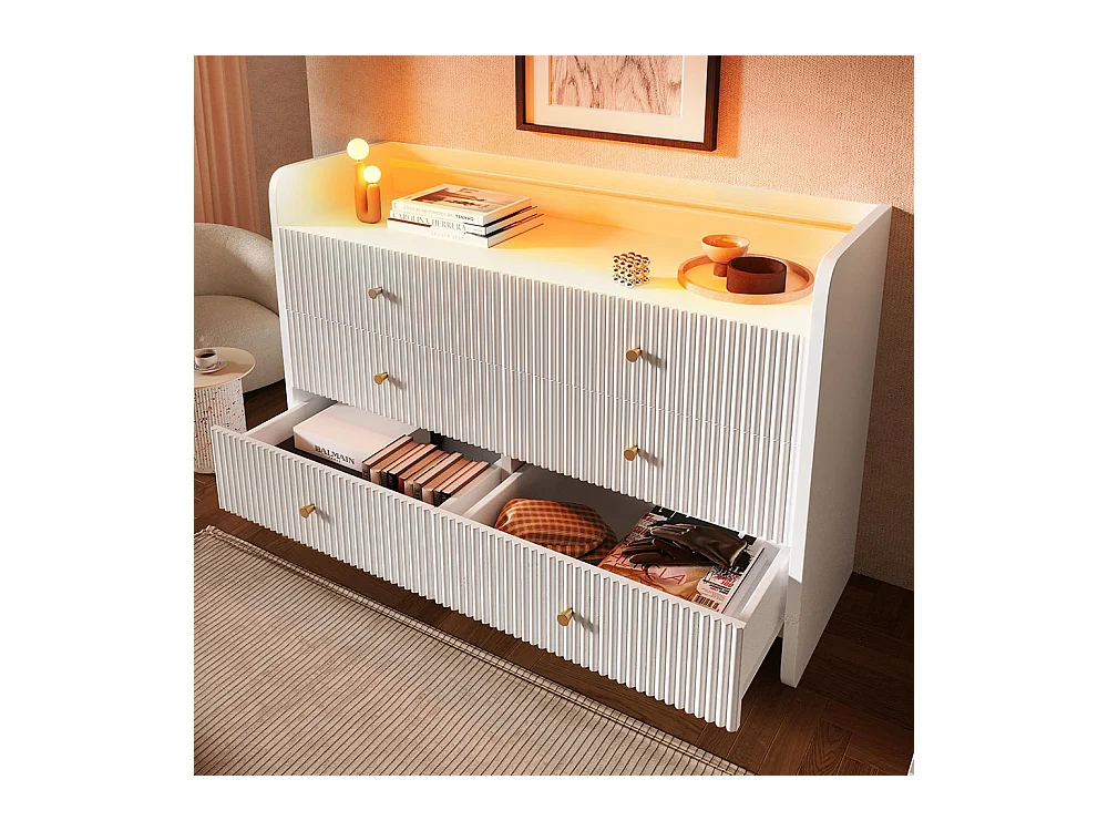 Buffet blanc armoire de rangement 6 tiroirs LED design ondulé pour salon chambre
