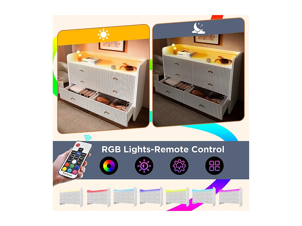 Buffet blanc armoire de rangement 6 tiroirs LED design ondulé pour salon chambre