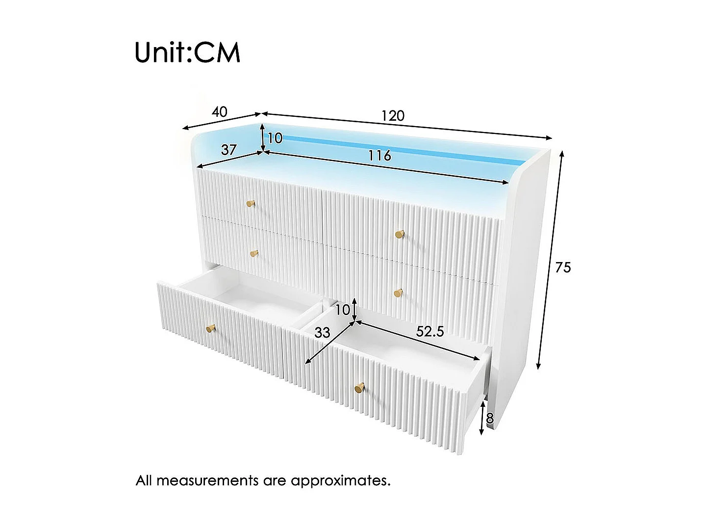 Buffet blanc armoire de rangement 6 tiroirs LED design ondulé pour salon chambre