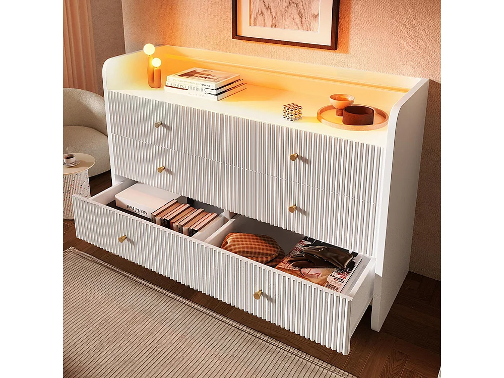 Buffet blanc armoire de rangement 6 tiroirs LED design ondulé pour salon chambre