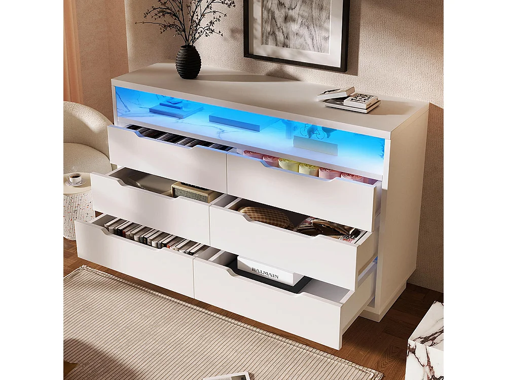 Buffet blanc armoire de rangement 6 tiroirs LED grain marbre pour salon chambre