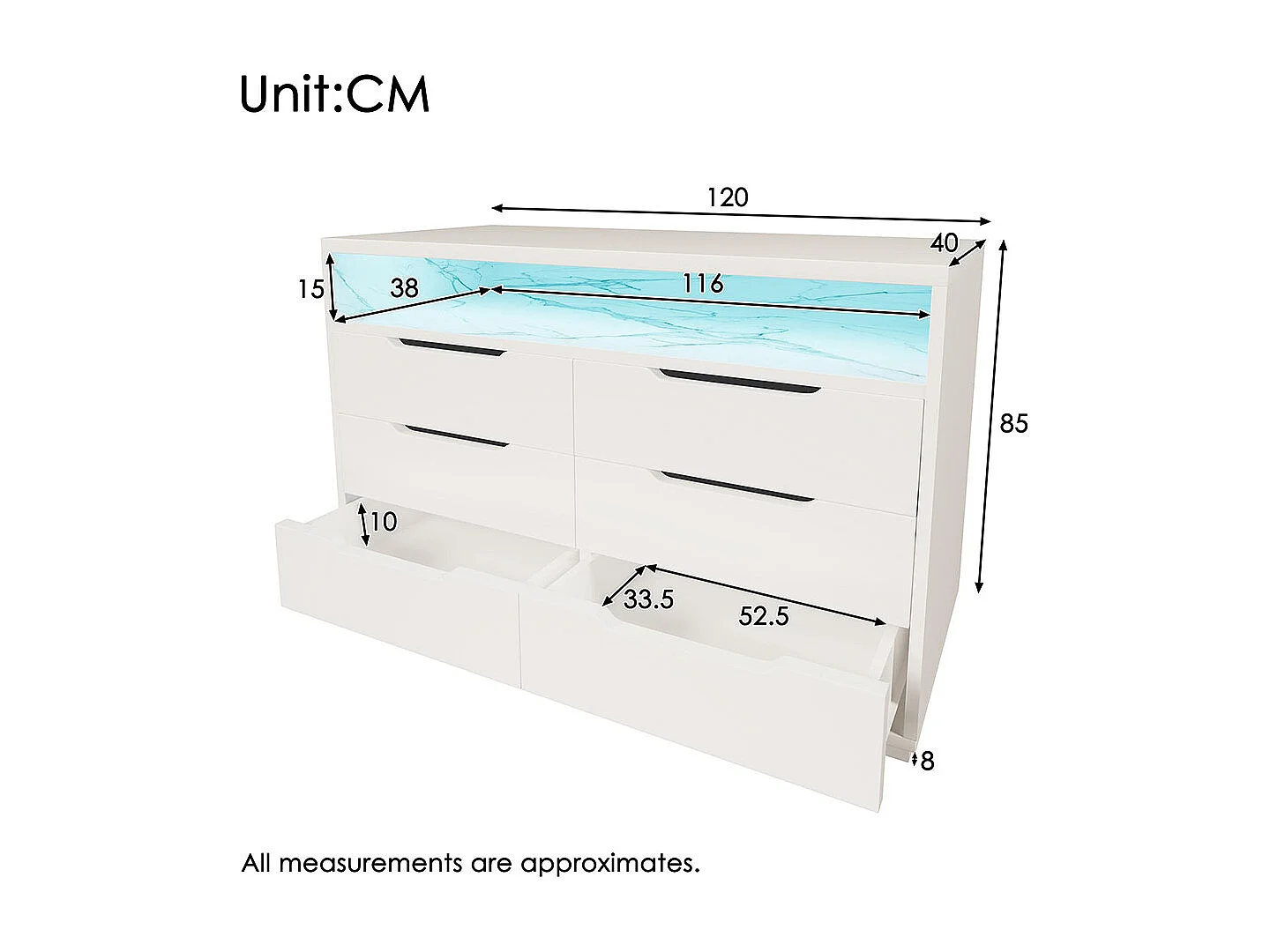 Buffet blanc armoire de rangement 6 tiroirs LED grain marbre pour salon chambre