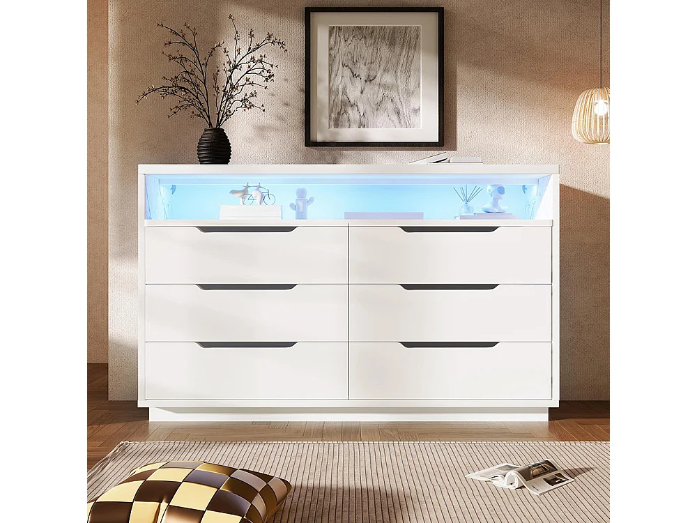 Buffet blanc armoire de rangement 6 tiroirs LED grain marbre pour salon chambre
