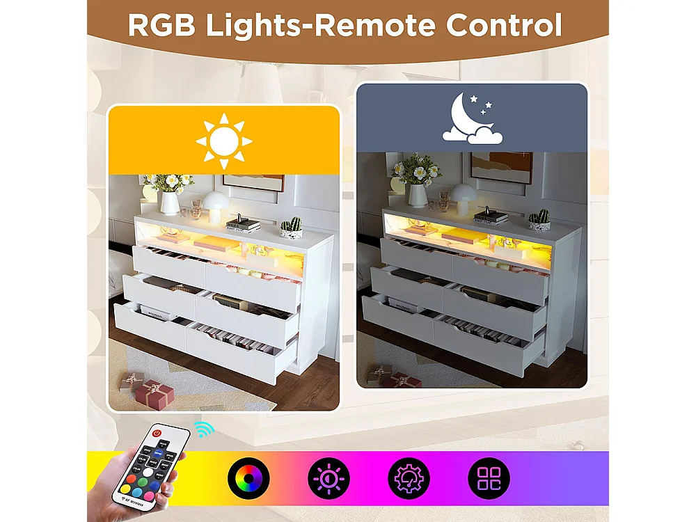 Buffet blanc armoire de rangement 6 tiroirs LED grain marbre pour salon chambre