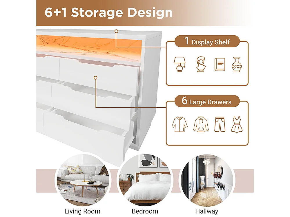 Buffet blanc armoire de rangement 6 tiroirs LED grain marbre pour salon chambre
