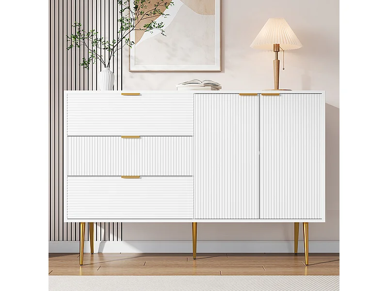 Buffet meuble de salon avec portes et tiroirs étagères intérieures commode avec poignées et pieds dorés Blanc