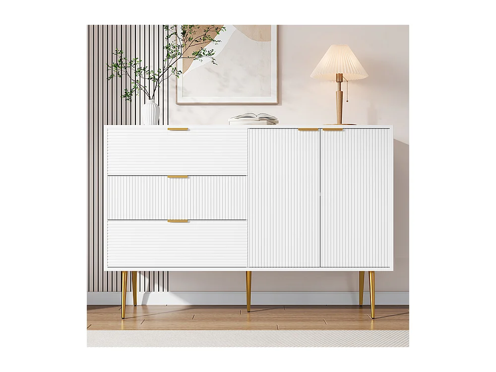 Buffet meuble de salon avec portes et tiroirs étagères intérieures commode avec poignées et pieds dorés Blanc