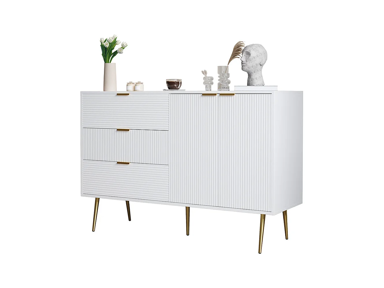 Buffet meuble de salon avec portes et tiroirs étagères intérieures commode avec poignées et pieds dorés Blanc