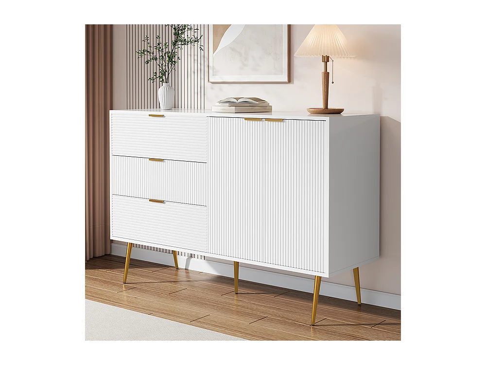 Buffet meuble de salon avec portes et tiroirs étagères intérieures commode avec poignées et pieds dorés Blanc