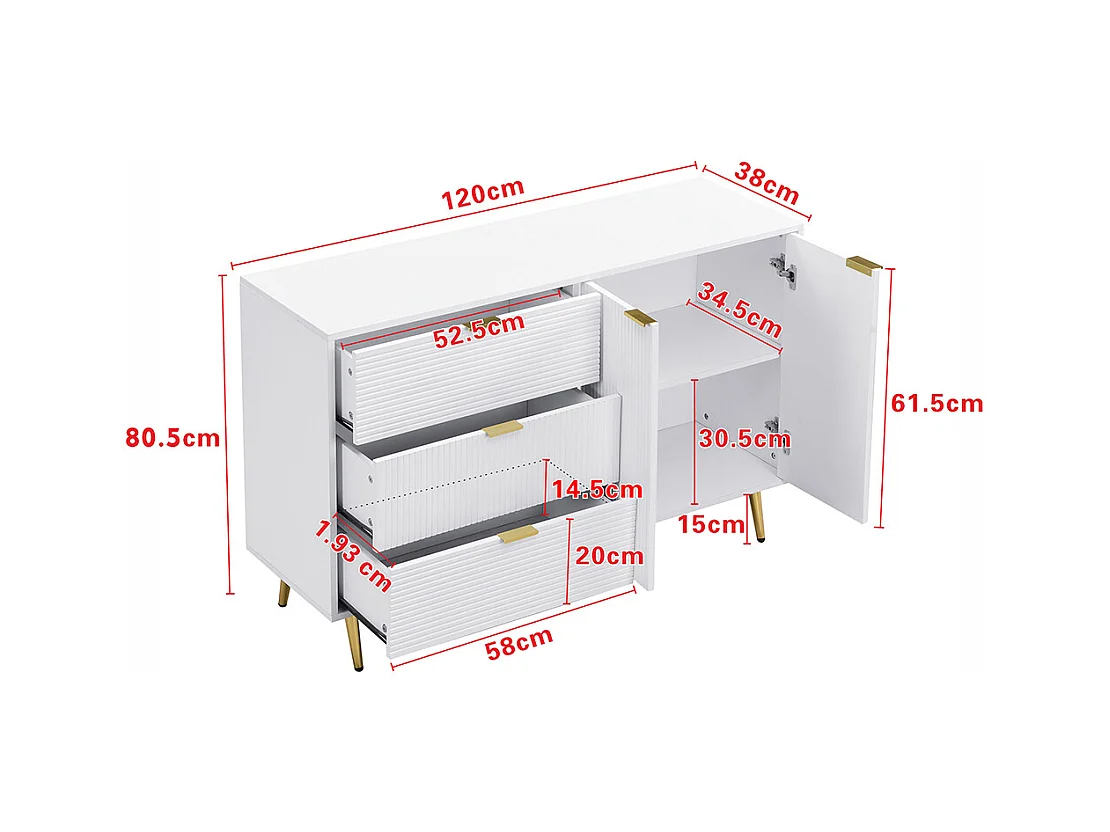 Buffet meuble de salon avec portes et tiroirs étagères intérieures commode avec poignées et pieds dorés Blanc