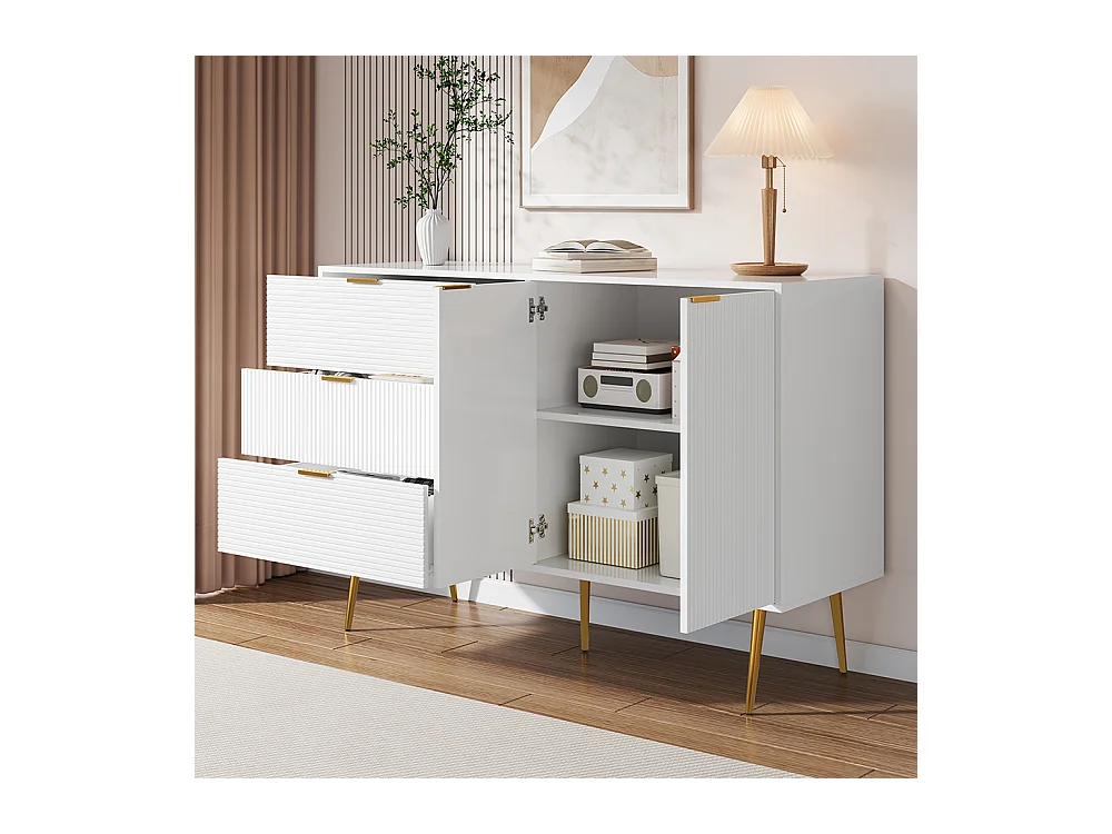 Buffet meuble de salon avec portes et tiroirs étagères intérieures commode avec poignées et pieds dorés Blanc