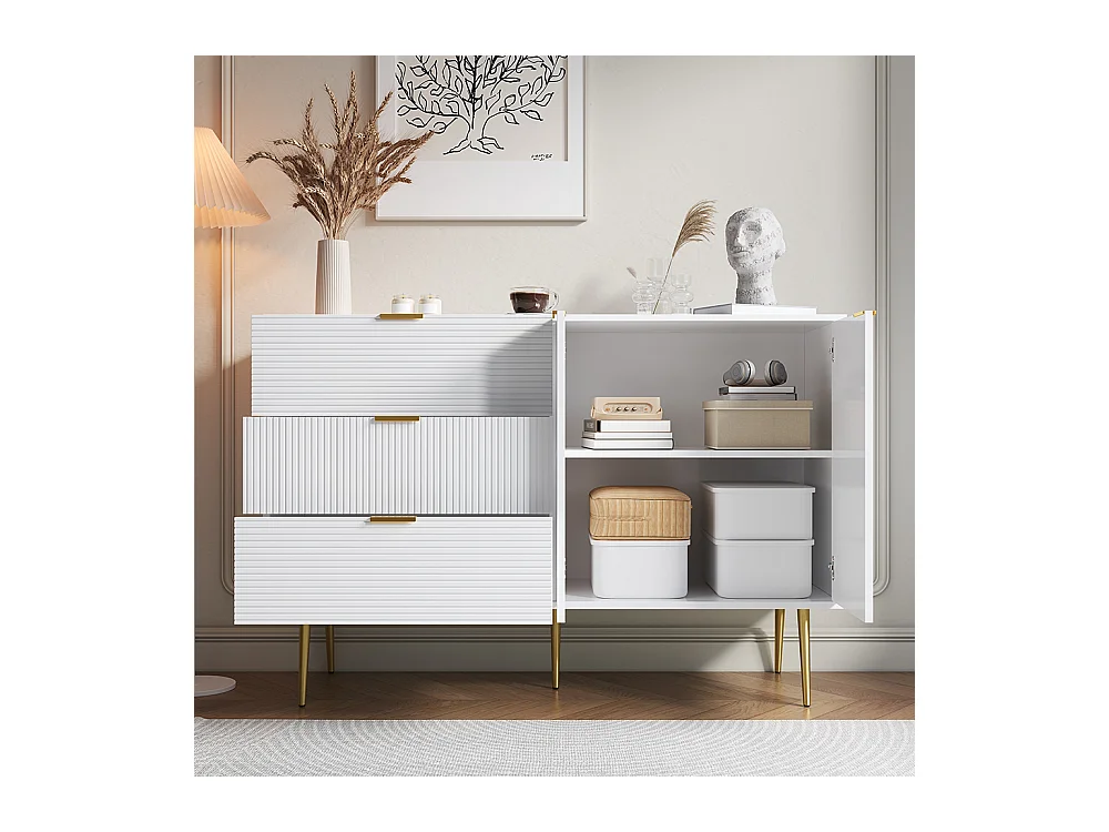 Buffet meuble de salon avec portes et tiroirs étagères intérieures commode avec poignées et pieds dorés Blanc