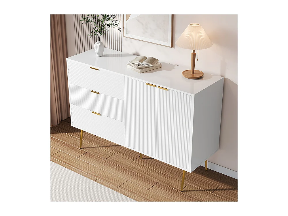 Buffet meuble de salon avec portes et tiroirs étagères intérieures commode avec poignées et pieds dorés Blanc