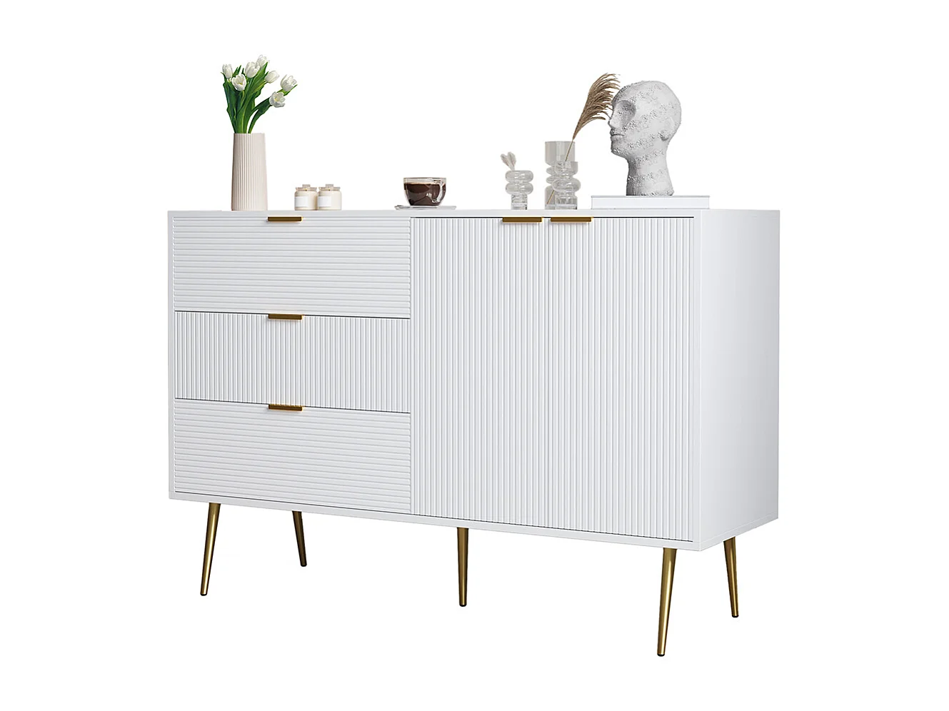 Buffet meuble de salon avec portes et tiroirs étagères intérieures commode avec poignées et pieds dorés Blanc