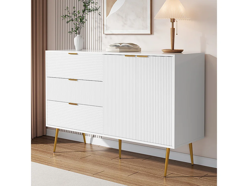 Buffet meuble de salon avec portes et tiroirs étagères intérieures commode avec poignées et pieds dorés Blanc