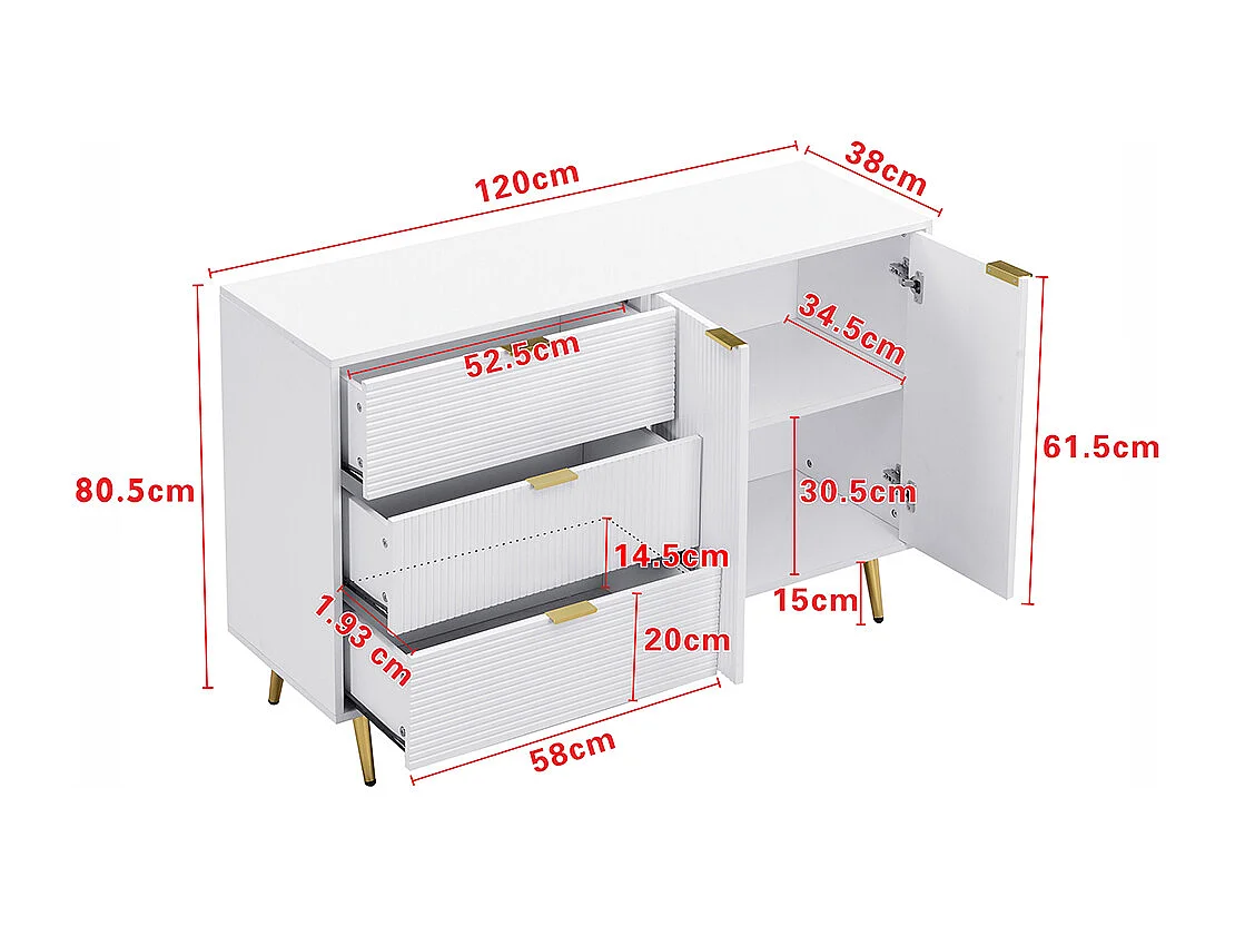Buffet meuble de salon avec portes et tiroirs étagères intérieures commode avec poignées et pieds dorés Blanc