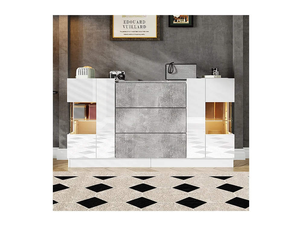 Buffet avec 2 portes et 3 tiroirs Façades blanches brillantes et aspect marbre gris éclairage LED avec 16 couleurs Blanc+Marbre