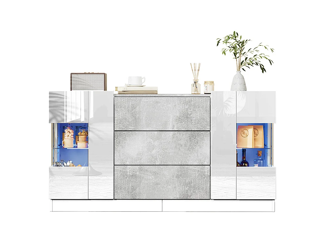 Buffet avec 2 portes et 3 tiroirs Façades blanches brillantes et aspect marbre gris éclairage LED avec 16 couleurs Blanc+Marbre