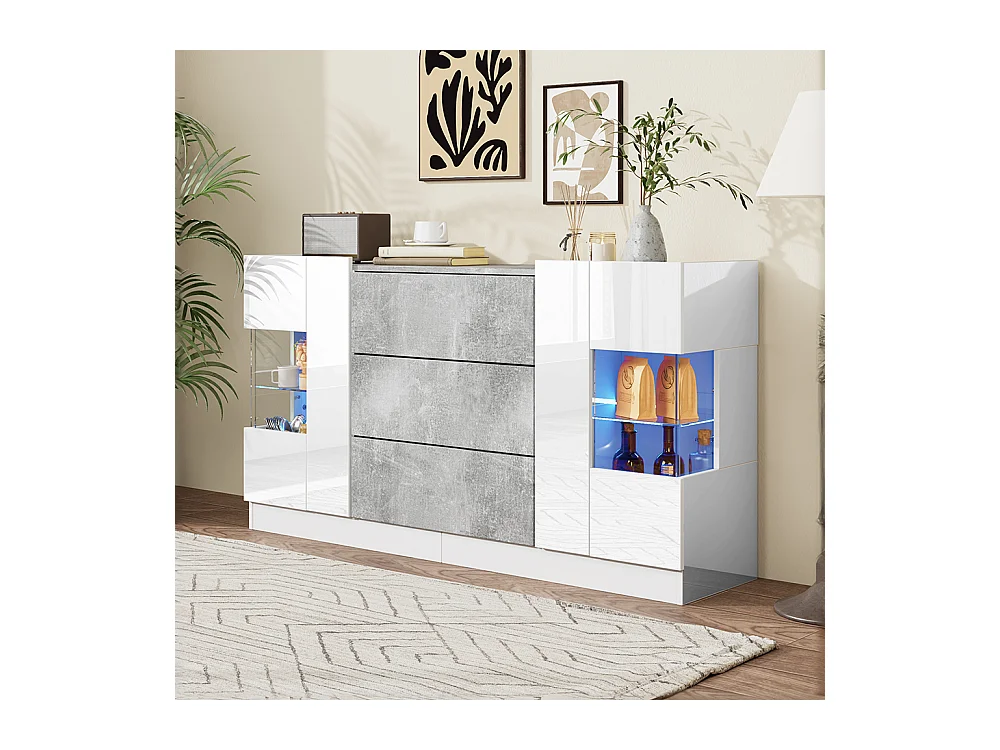 Buffet avec 2 portes et 3 tiroirs Façades blanches brillantes et aspect marbre gris éclairage LED avec 16 couleurs Blanc+Marbre