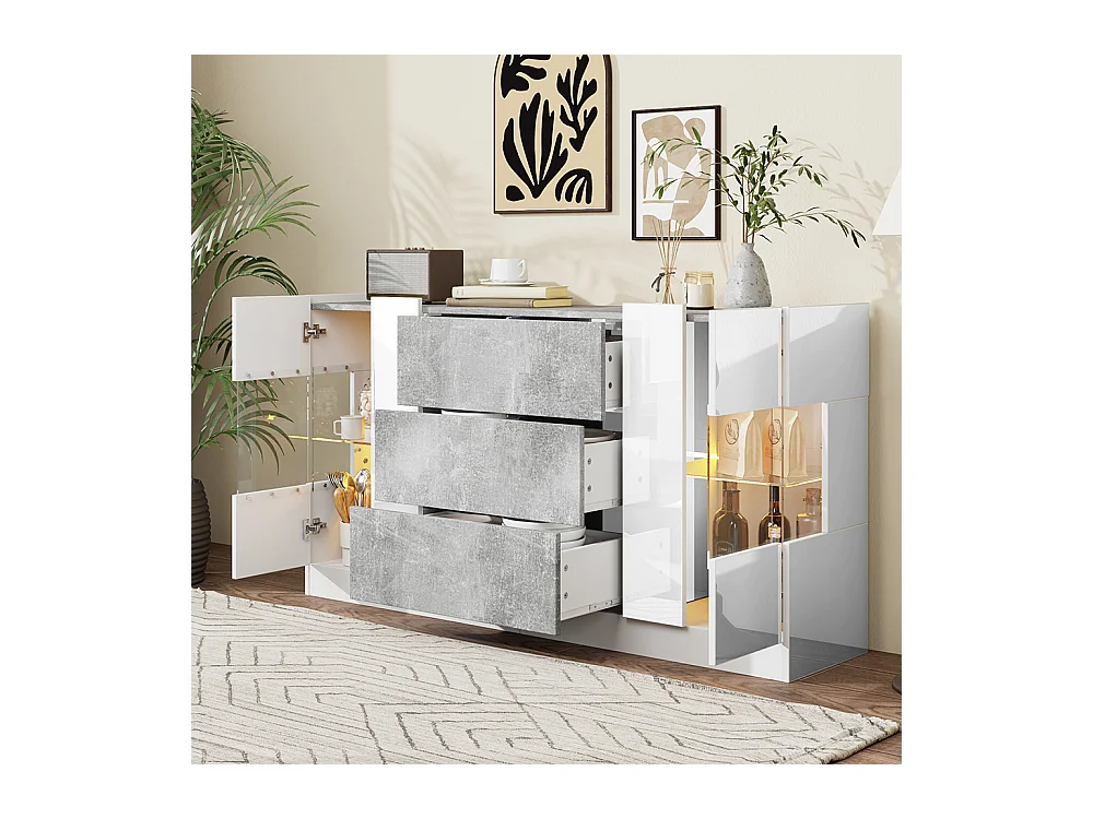 Buffet avec 2 portes et 3 tiroirs Façades blanches brillantes et aspect marbre gris éclairage LED avec 16 couleurs Blanc+Marbre