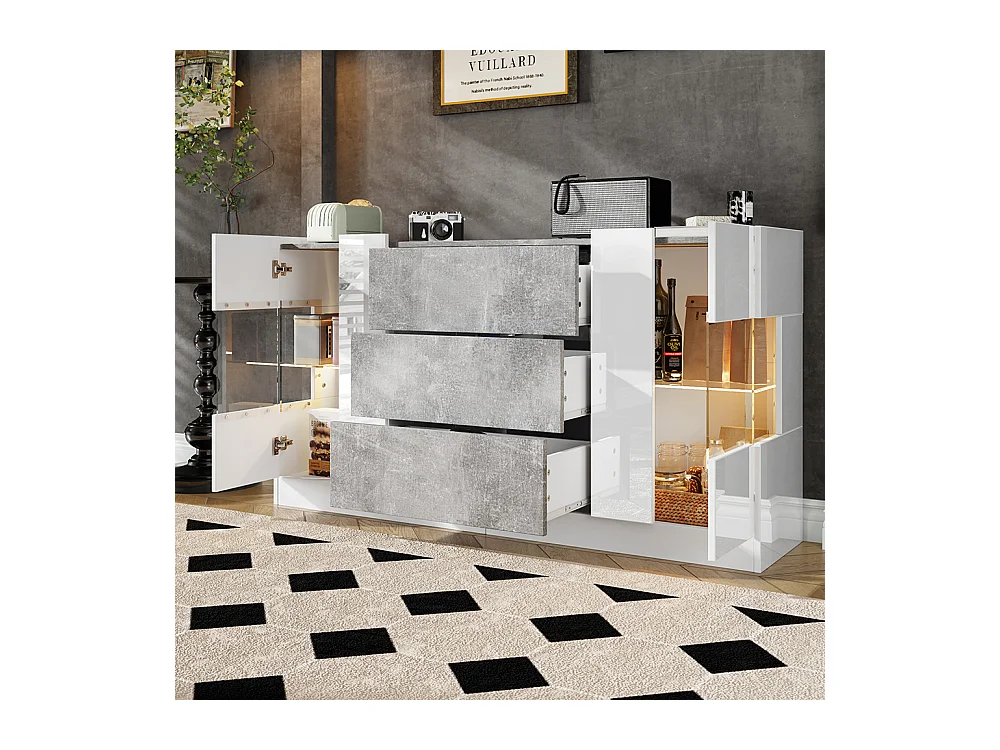 Buffet avec 2 portes et 3 tiroirs Façades blanches brillantes et aspect marbre gris éclairage LED avec 16 couleurs Blanc+Marbre