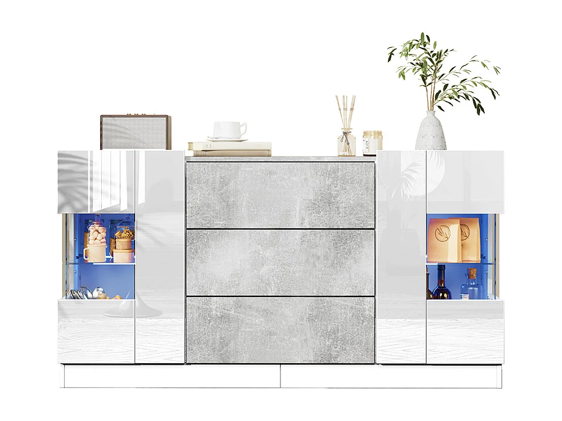 Buffet avec 2 portes et 3 tiroirs Façades blanches brillantes et aspect marbre gris éclairage LED avec 16 couleurs Blanc+Marbre