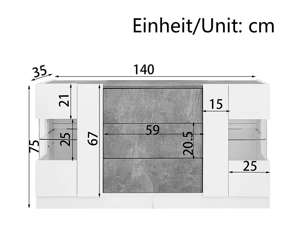 Buffet avec 2 portes et 3 tiroirs Façades blanches brillantes et aspect marbre gris éclairage LED avec 16 couleurs Blanc+Marbre