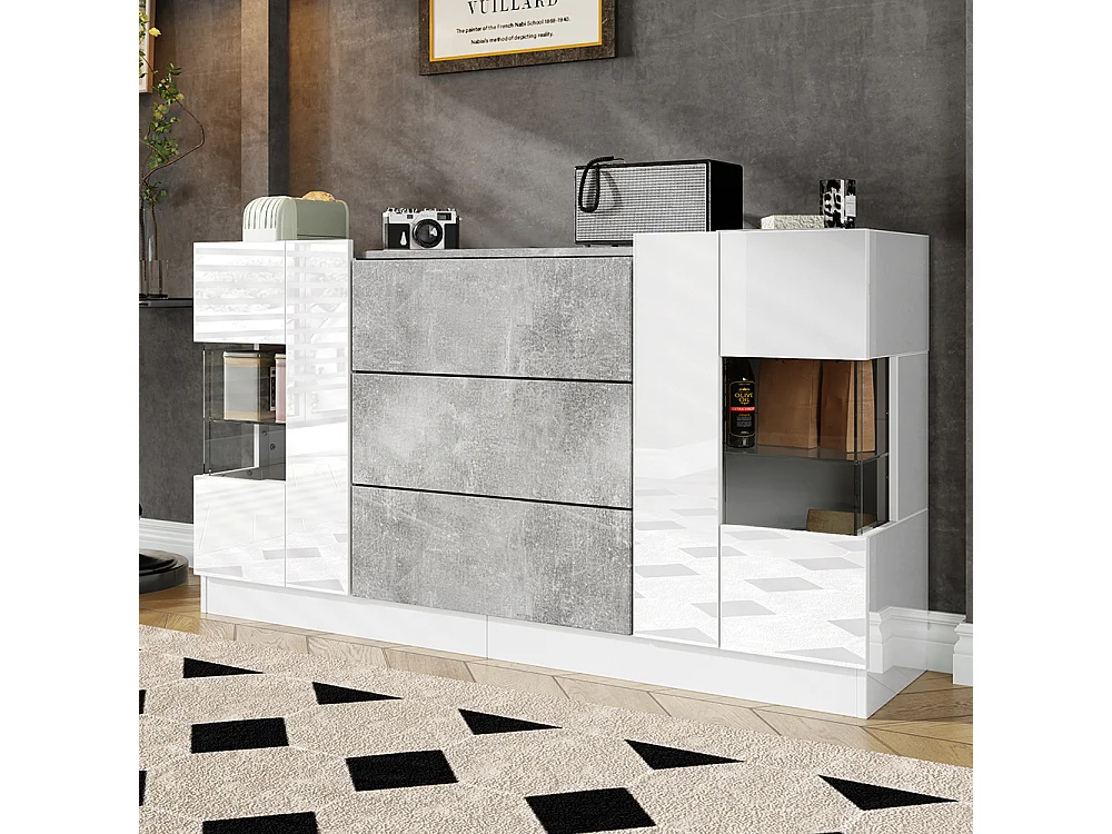 Buffet avec 2 portes et 3 tiroirs Façades blanches brillantes et aspect marbre gris éclairage LED avec 16 couleurs Blanc+Marbre