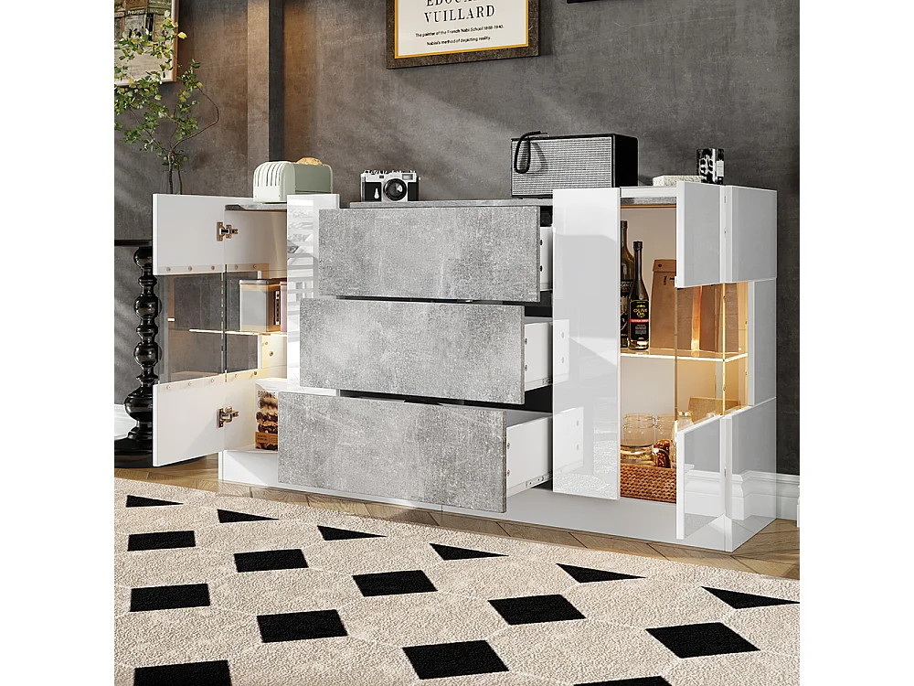 Buffet avec 2 portes et 3 tiroirs Façades blanches brillantes et aspect marbre gris éclairage LED avec 16 couleurs Blanc+Marbre