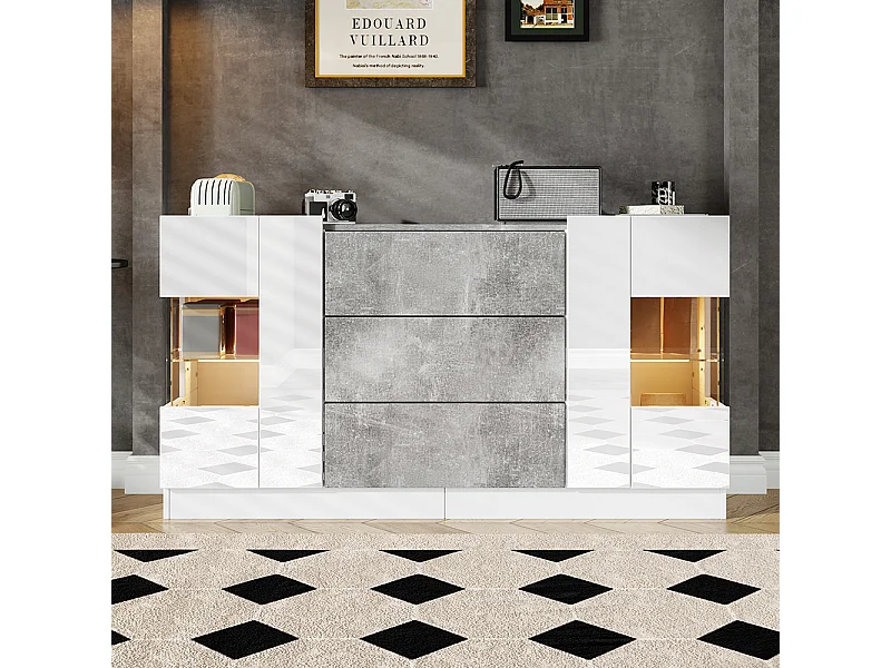 Buffet avec 2 portes et 3 tiroirs Façades blanches brillantes et aspect marbre gris éclairage LED avec 16 couleurs Blanc+Marbre