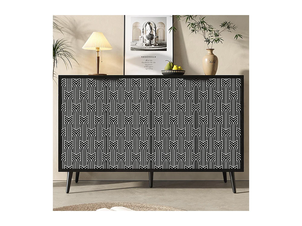 Buffet noir armoire de rangement motif chevrons porte sculptée antidumping