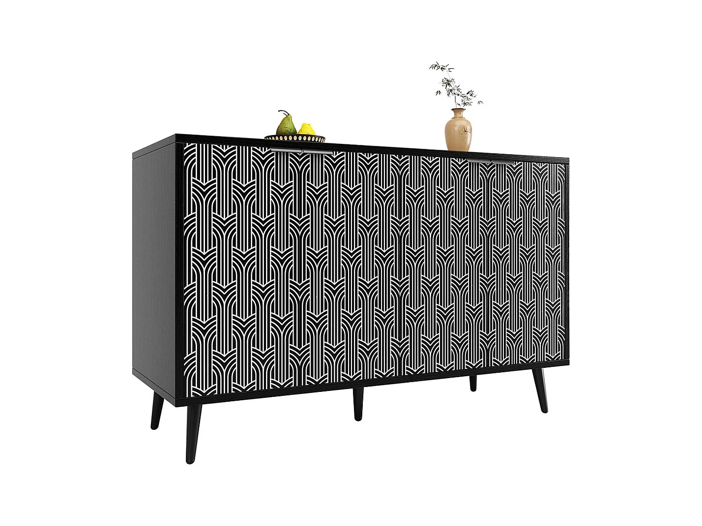 Buffet noir armoire de rangement motif chevrons porte sculptée antidumping