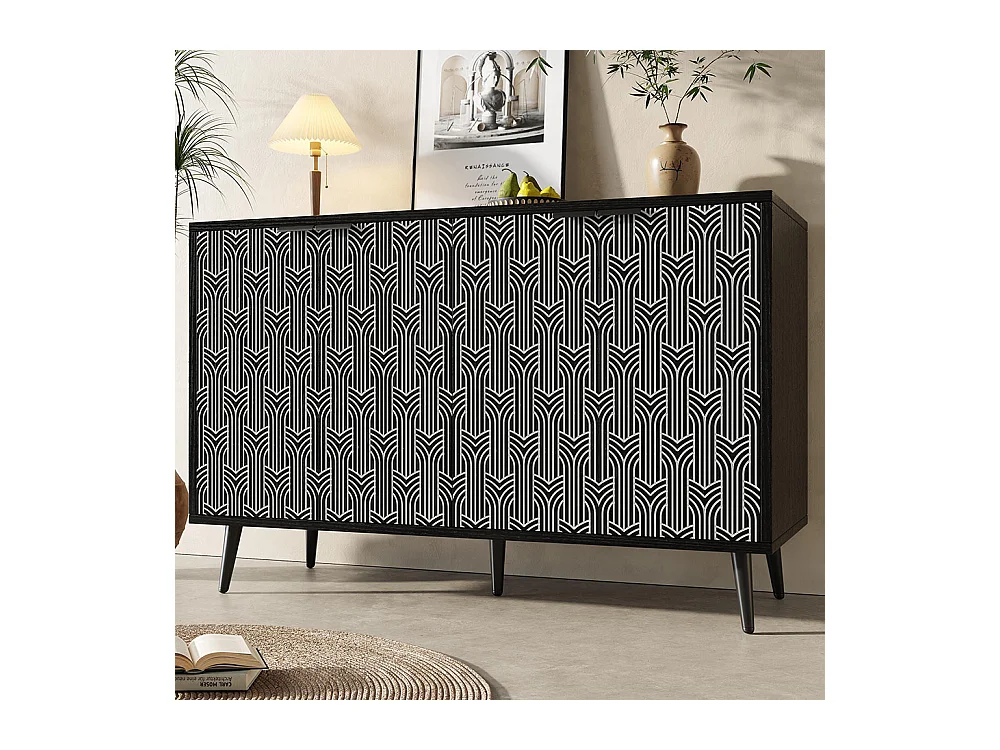 Buffet noir armoire de rangement motif chevrons porte sculptée antidumping