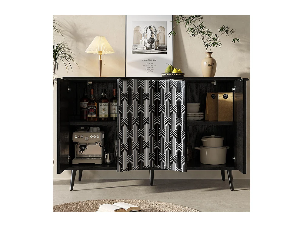 Buffet noir armoire de rangement motif chevrons porte sculptée antidumping