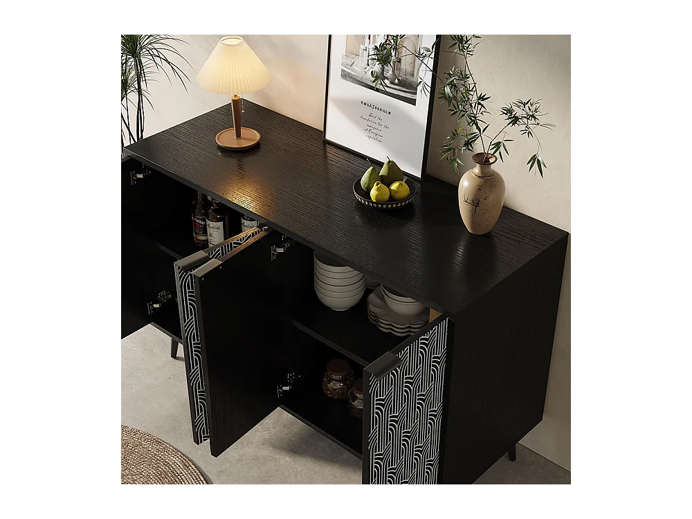 Buffet noir armoire de rangement motif chevrons porte sculptée antidumping