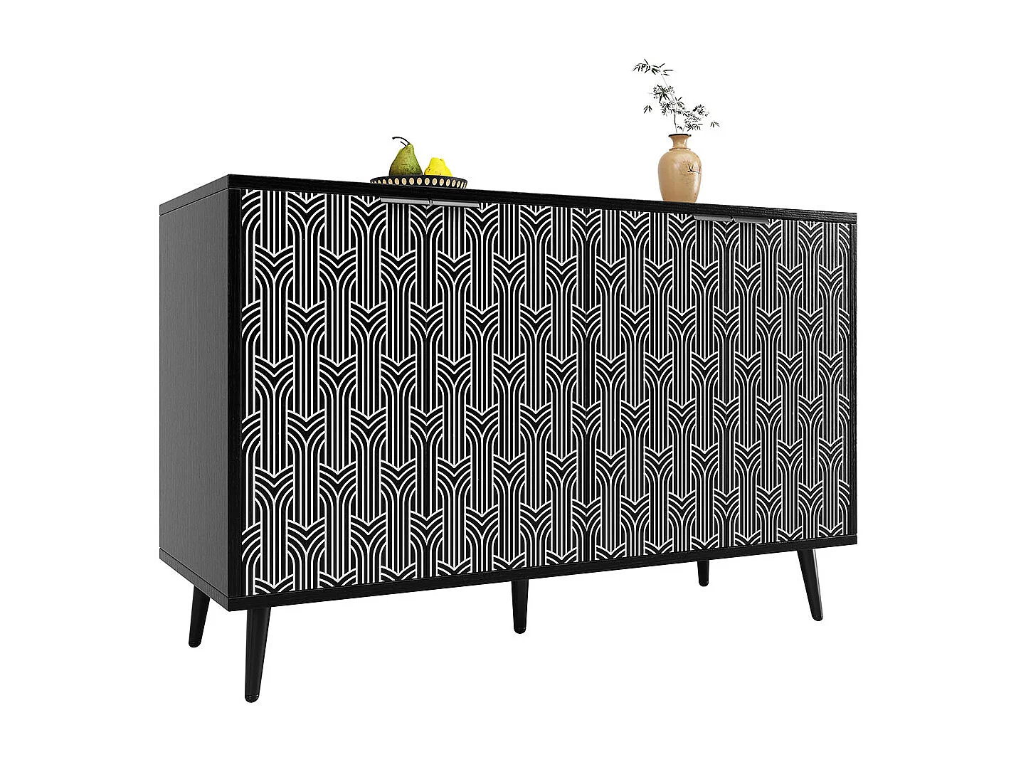 Buffet noir armoire de rangement motif chevrons porte sculptée antidumping