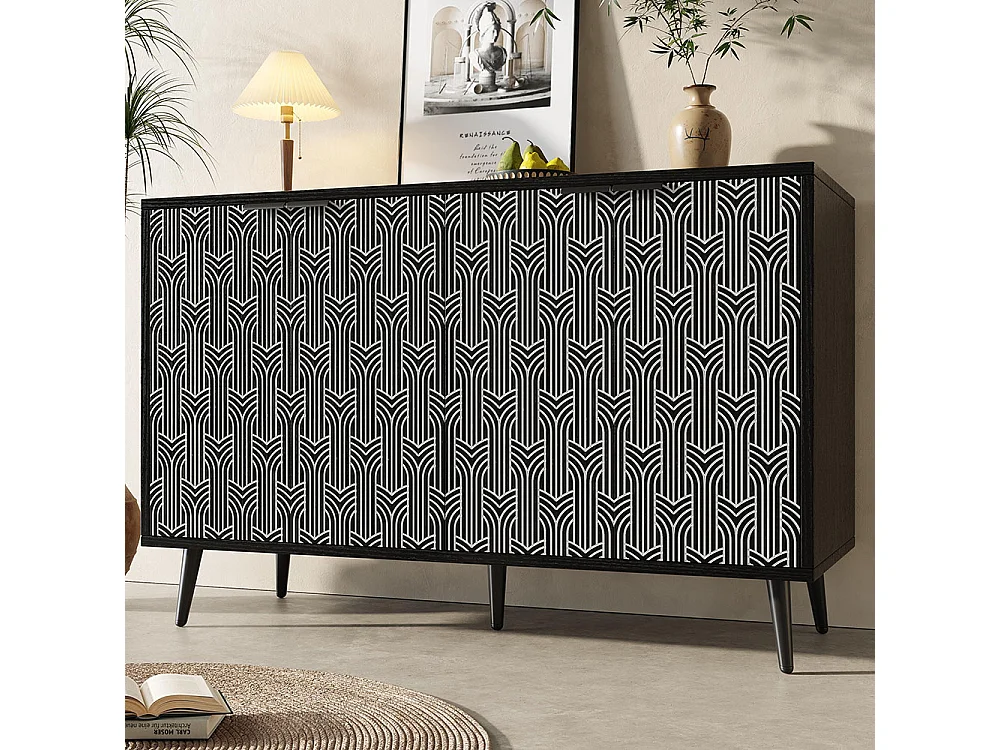 Buffet noir armoire de rangement motif chevrons porte sculptée antidumping