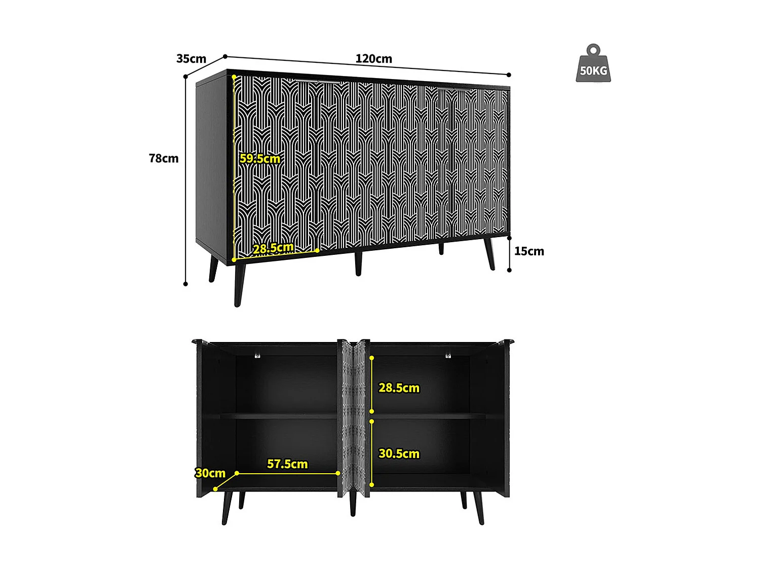 Buffet noir armoire de rangement motif chevrons porte sculptée antidumping