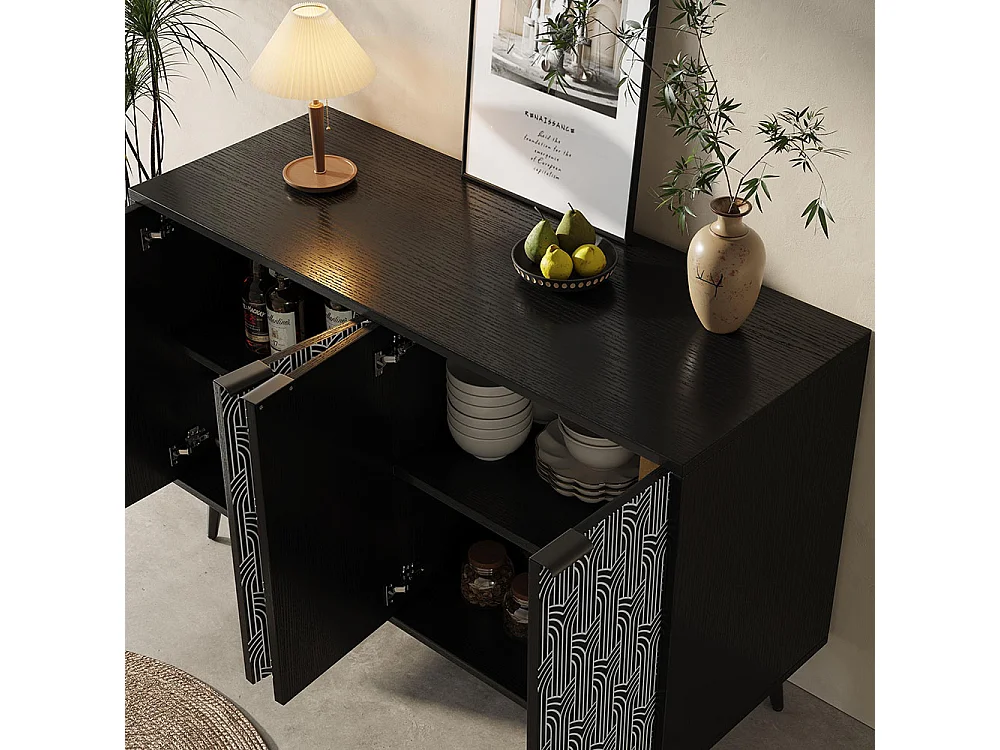 Buffet noir armoire de rangement motif chevrons porte sculptée antidumping