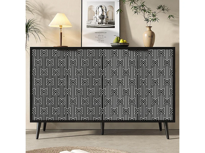 Buffet noir armoire de rangement motif chevrons porte sculptée antidumping