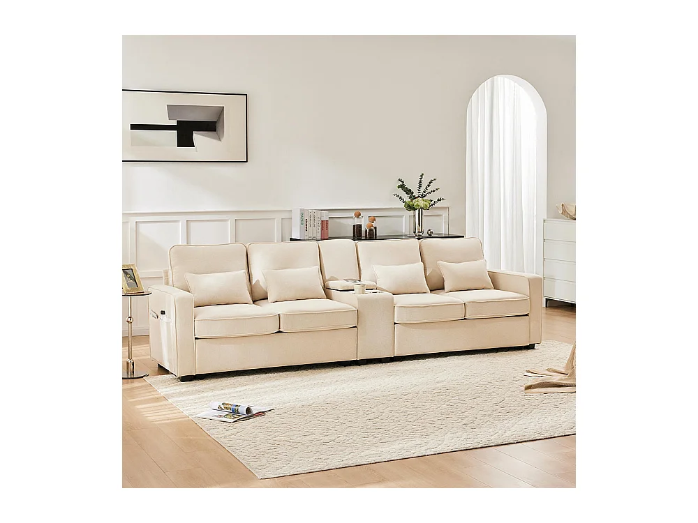 Canapé fixe 4 places avec console 2 porte-gobelets 2 ports USB pour recharger avec un câble avec poches d'accoudoirs lin Beige